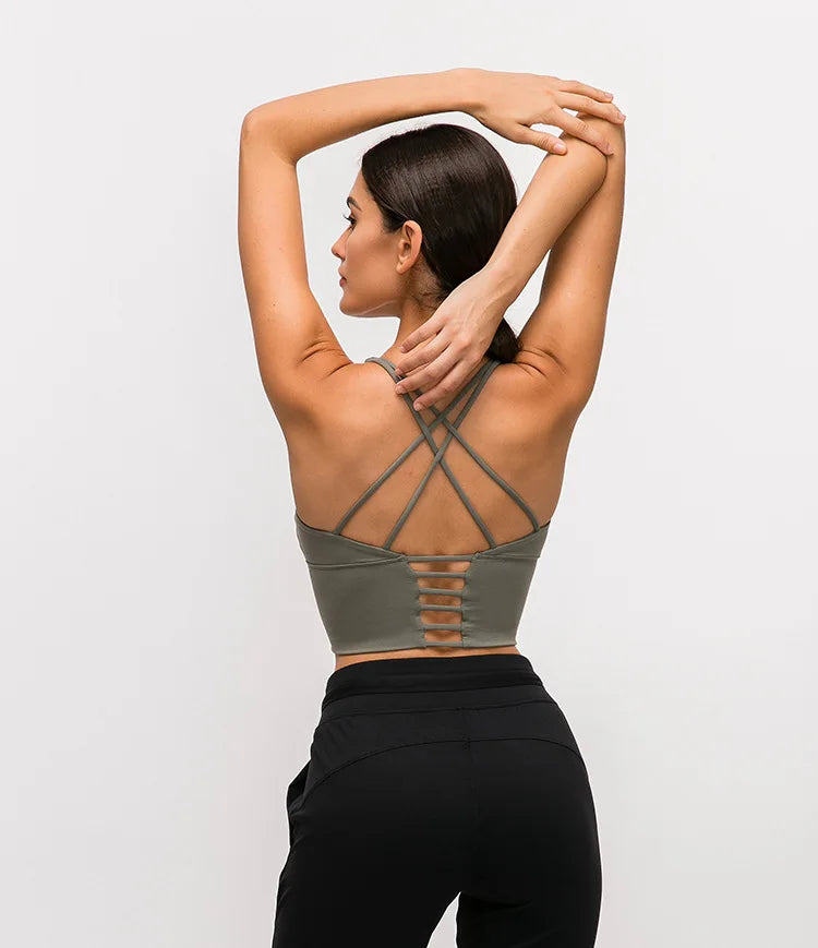 Solid Spaghetti Strap Cross-Back Yoga Crop Top