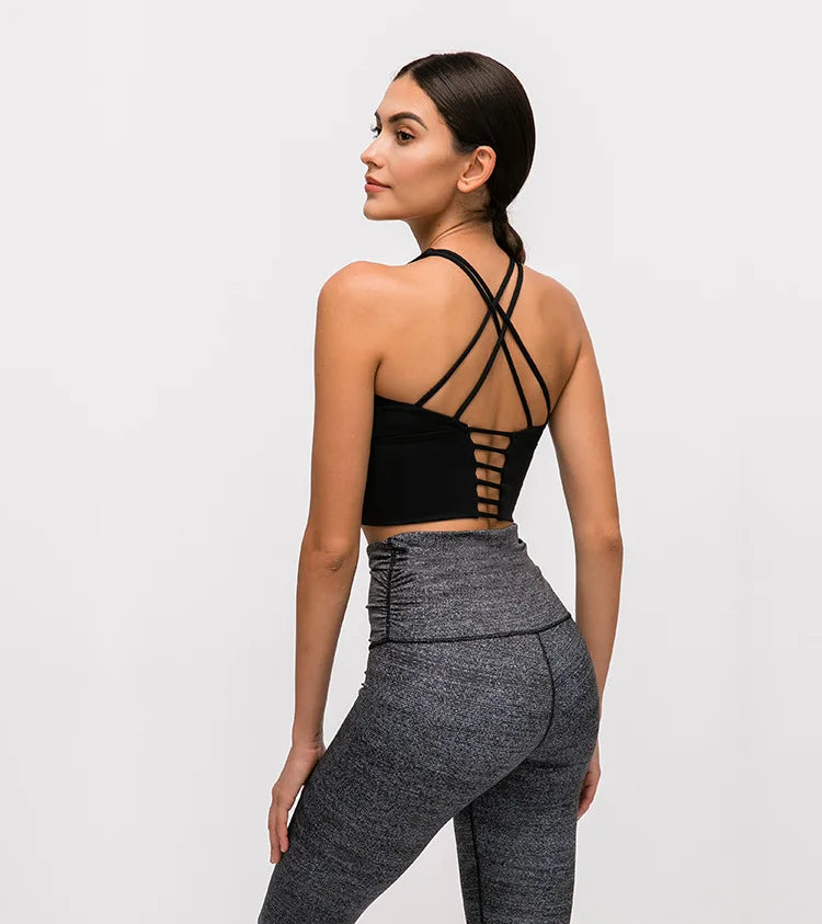 Solid Spaghetti Strap Cross-Back Yoga Crop Top