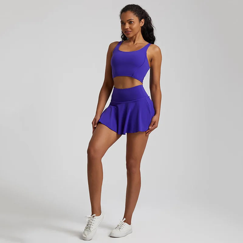 2-Piece Yoga Set - U-Back Sports Bra & High-Waist Skirt Shorts