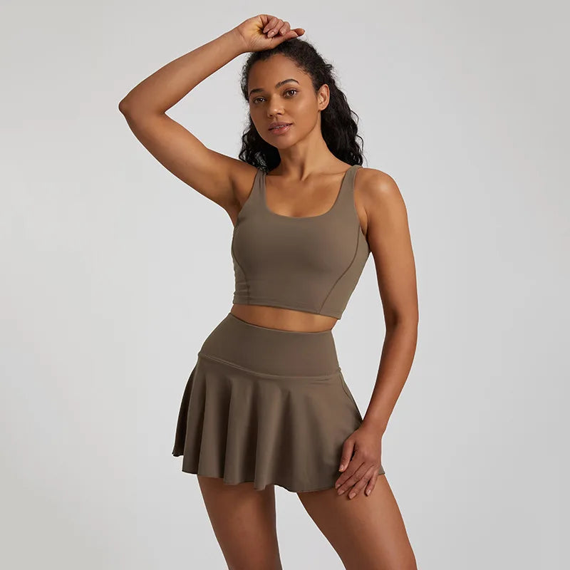 2-Piece Yoga Set - U-Back Sports Bra & High-Waist Skirt Shorts